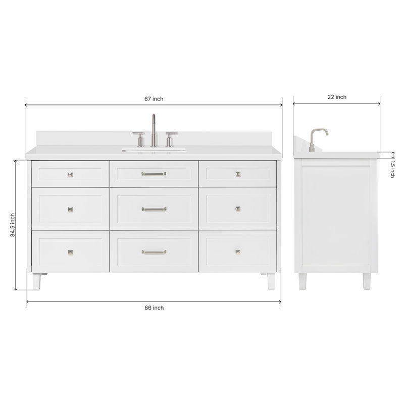 ARIEL Monroe 48 Single Sink Bathroom Vanity with Carrara Quartz Top, White, 60" - 61", Pure White Quartz
