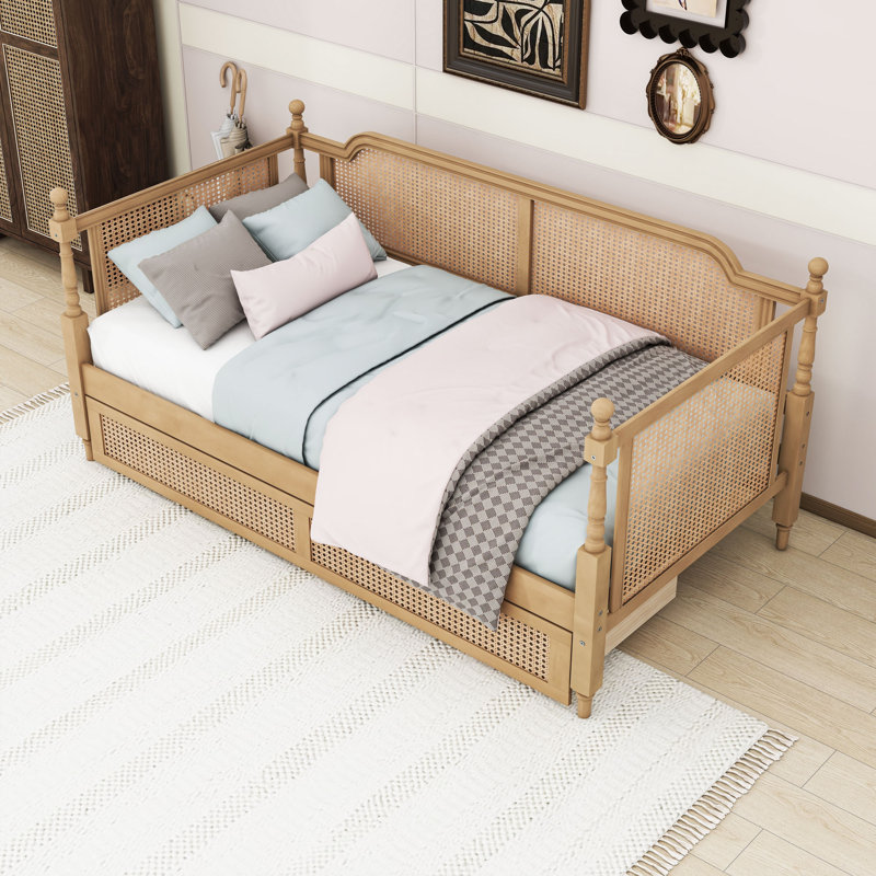 Wooden Daybed with Two Drawers and Slats, Twin, Antique Walnut