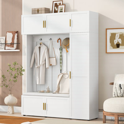 4-in-1 Hall Tree with Padded Bench, 4 Hooks, and Multi-Tier Storage Shelves