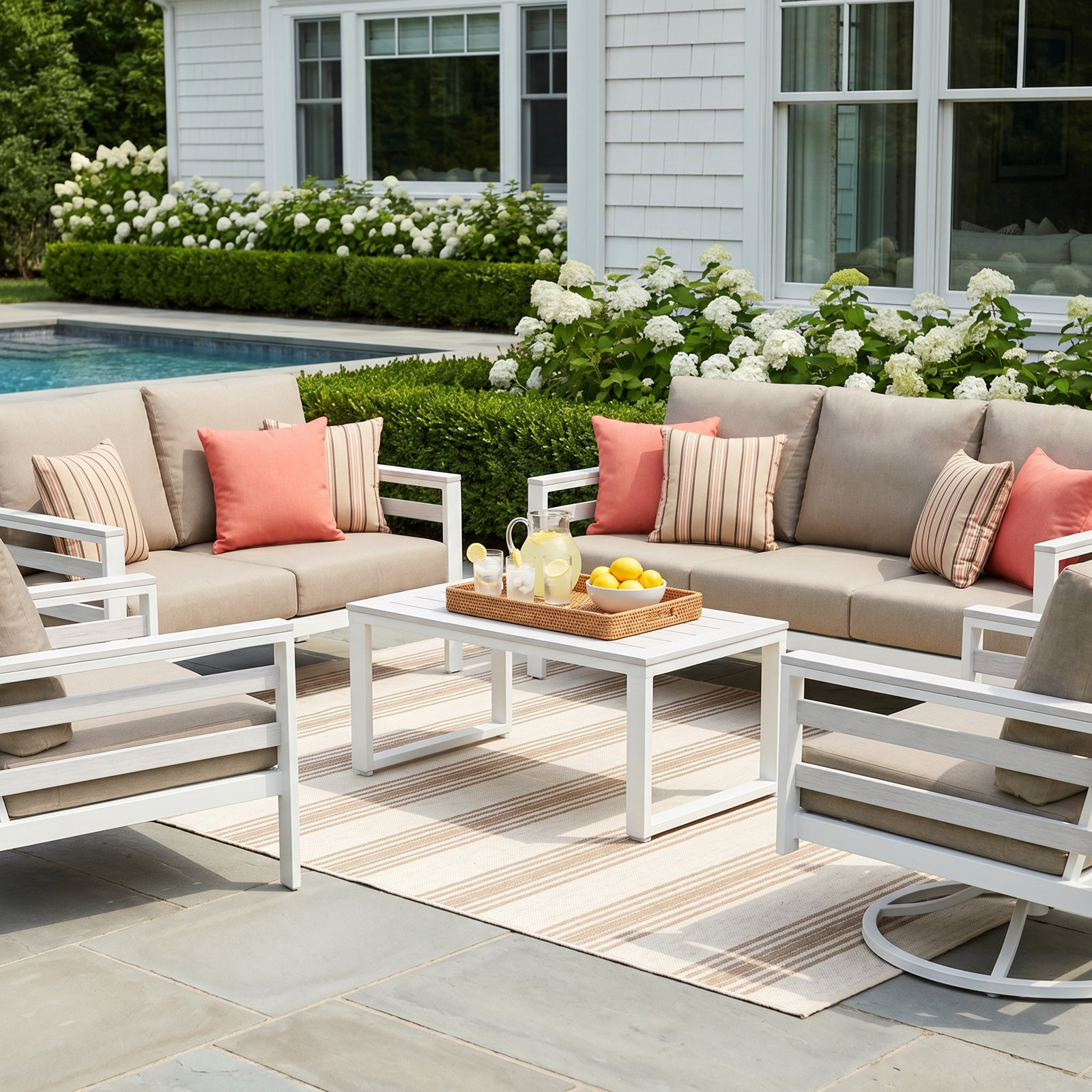 Townsend 7 Person Seating Group With Sunbrella Cushions, Spectrum Dove, White