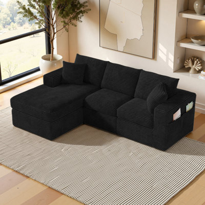 96" Boneless Sectional Sofa, Reversible L-Shaped Cloud Couch with Double-Layer Chaise, Deep Seat Modular Corduroy 3-Seater Sofa for Living Room, No Assembly Required(Black)