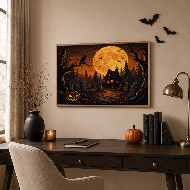Art mural orange sur toile orange, clair de lune et maison hantée, H 24 po x l 36 po
