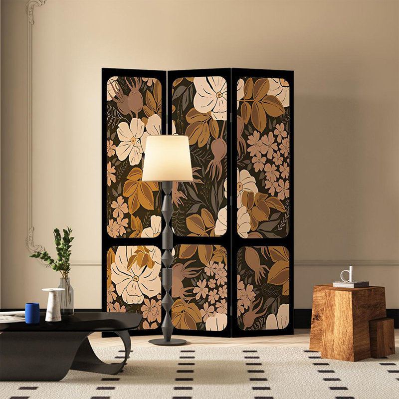 Paravent 3 panneaux en bois massif noir et toile pliante, H 70,87 po x l 47,24 po x P 1,97 po, 3