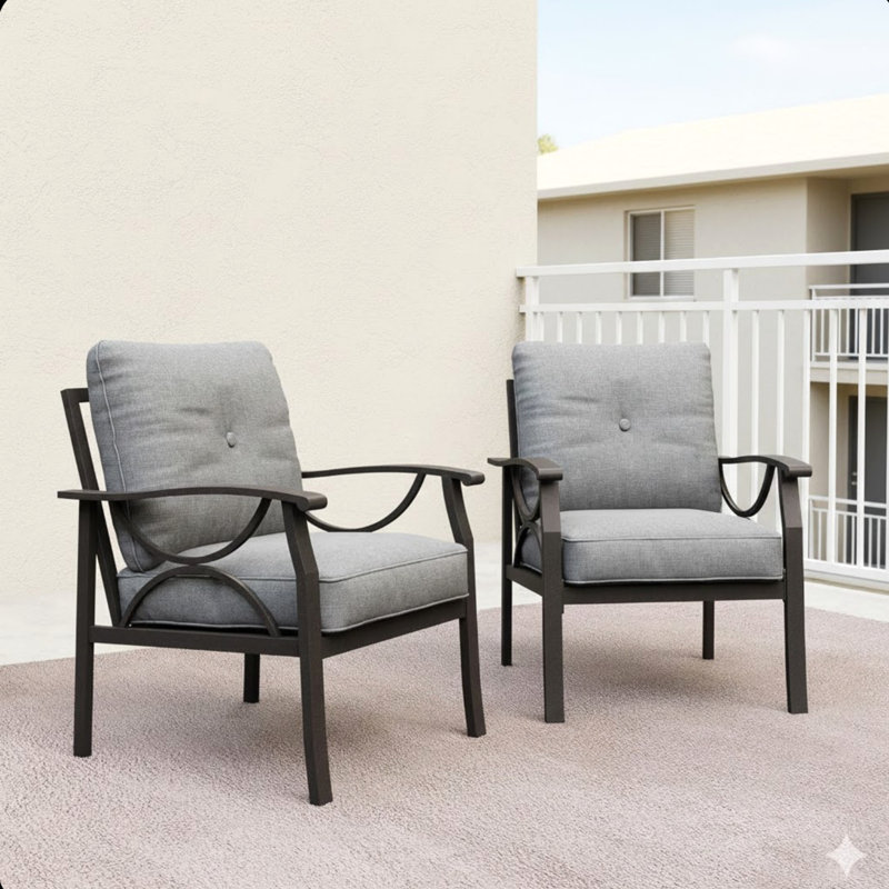Set Of 2  All-Weather Metal Armchairs With Cushions, Gray, Khaki