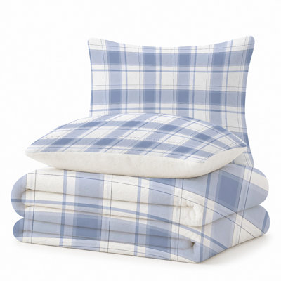 Premium Flannel Lightweight Blanket & 2 Pillow Shams Set with Blue & White Minimalist Plaid Grid, Ultra-Soft & Warm Cozy Bedding Set for All-Season, 60" x 80" Blanket + 2 Pillowcases Anti-Pilling & Machine Washable(Set of 3)