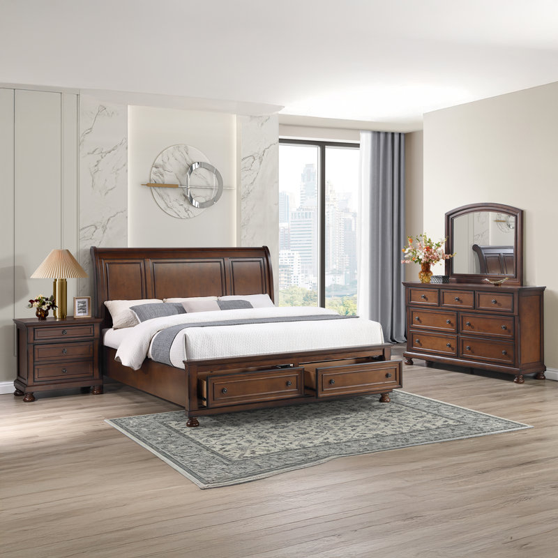 Ensemble de chambre en bois Eedie, Grand lit, Deux articles : lit, table de chevet