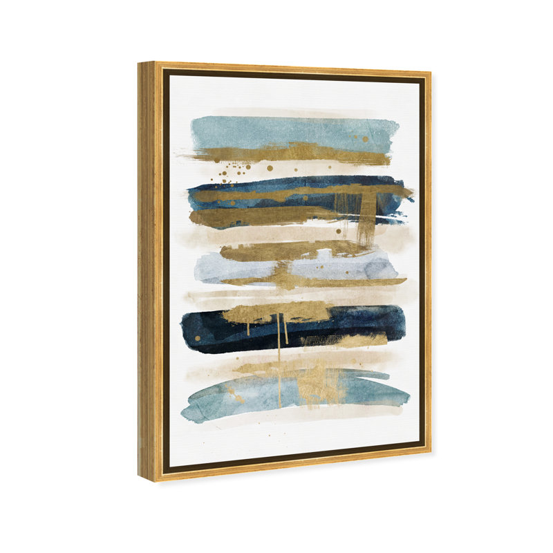«Abstract Ocean Line» bleu / or / beige - impression sur toile, Cadre flottant doré, H 15 po x l 10 po