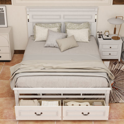 Queen Size Bed With Tall-Panel Headboard & Footboard, 2 Storage Drawers, Built-In LED Lights, USB Charging Station, Pinewood Bed With Strengthened Bed Frame,White