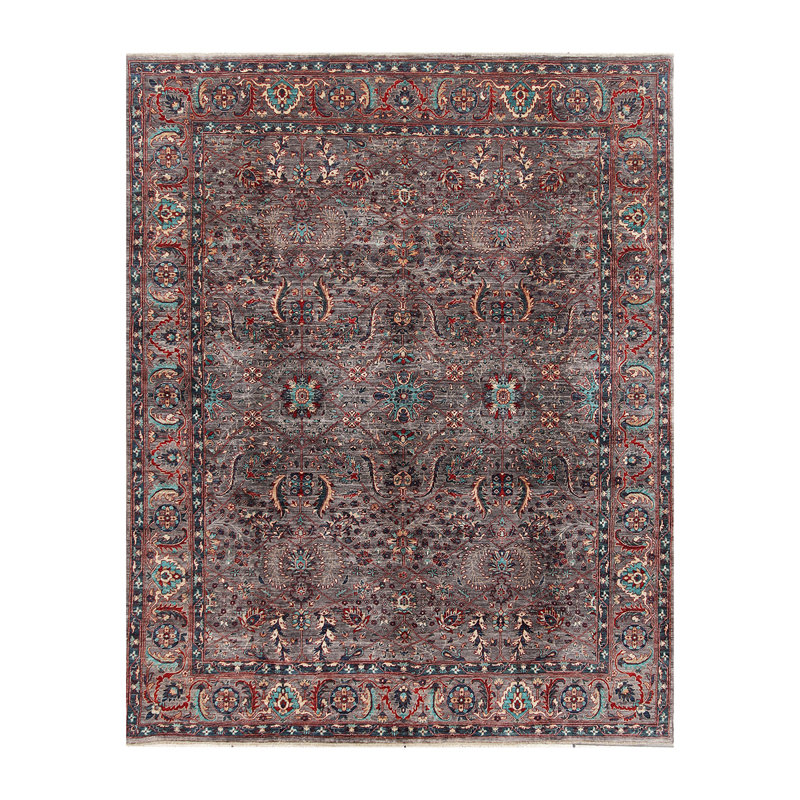 Tapis gris en laine noué à la main de conception unique 7 pi 10 po x 9 pi 11 po