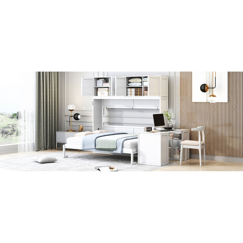 Grand lit escamotable mural avec bureau, tablettes de rangement et grandes armoires, blanc (ANCIEN SKU: N820S10034K)
