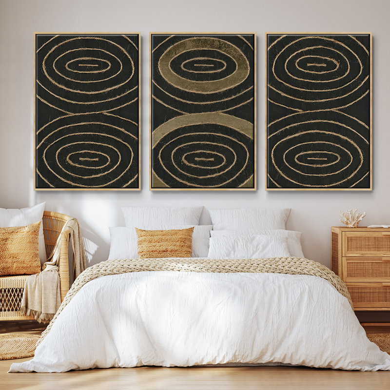 «Link in I» - Ensemble de 3 cadres flottants sur toile, H 27 po x l 54 po x P 2 po, Cadre en bois naturel