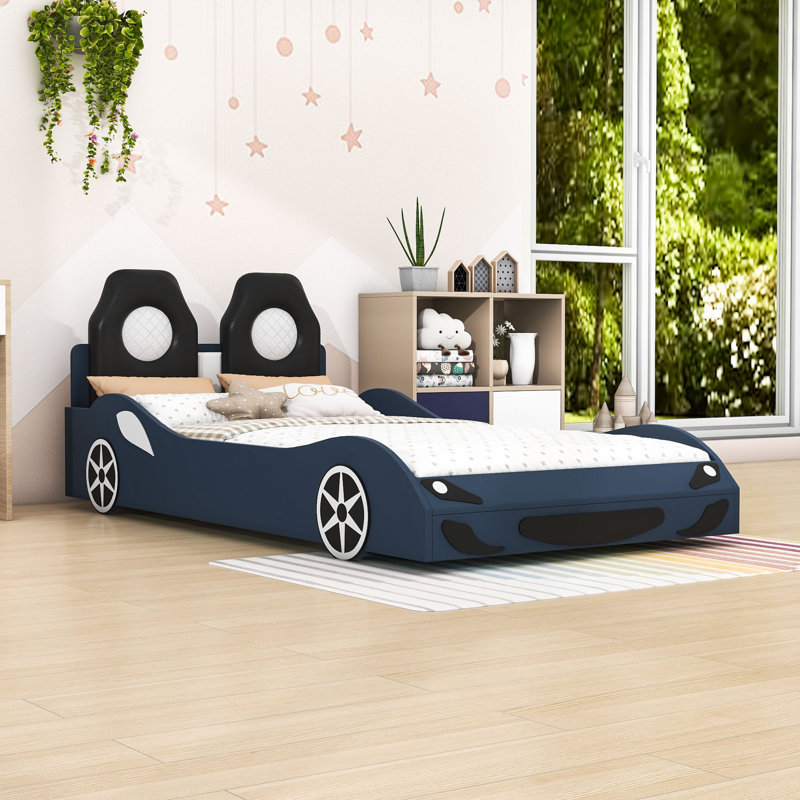 Wood Twin Race Car-Shaped Upholstered Platform Bed with LED Lighting, Blue