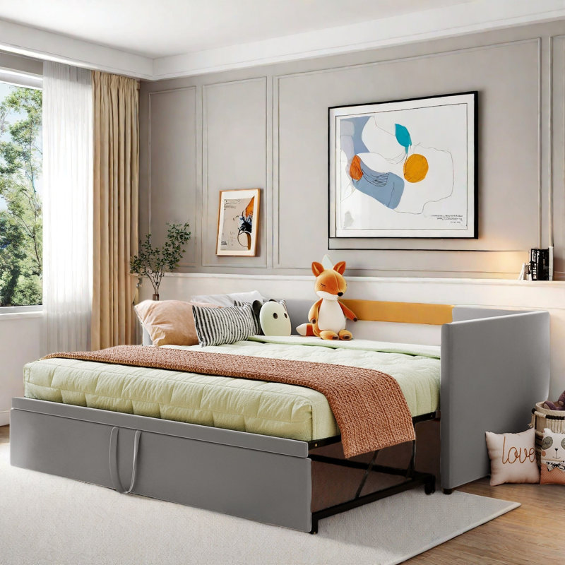 Upholstered Daybed With Pop Up Trundle, Gray