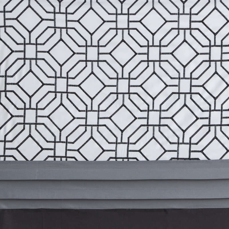 Black and Gray Geometric Embroidered Fabric Shower Curtain with Liner