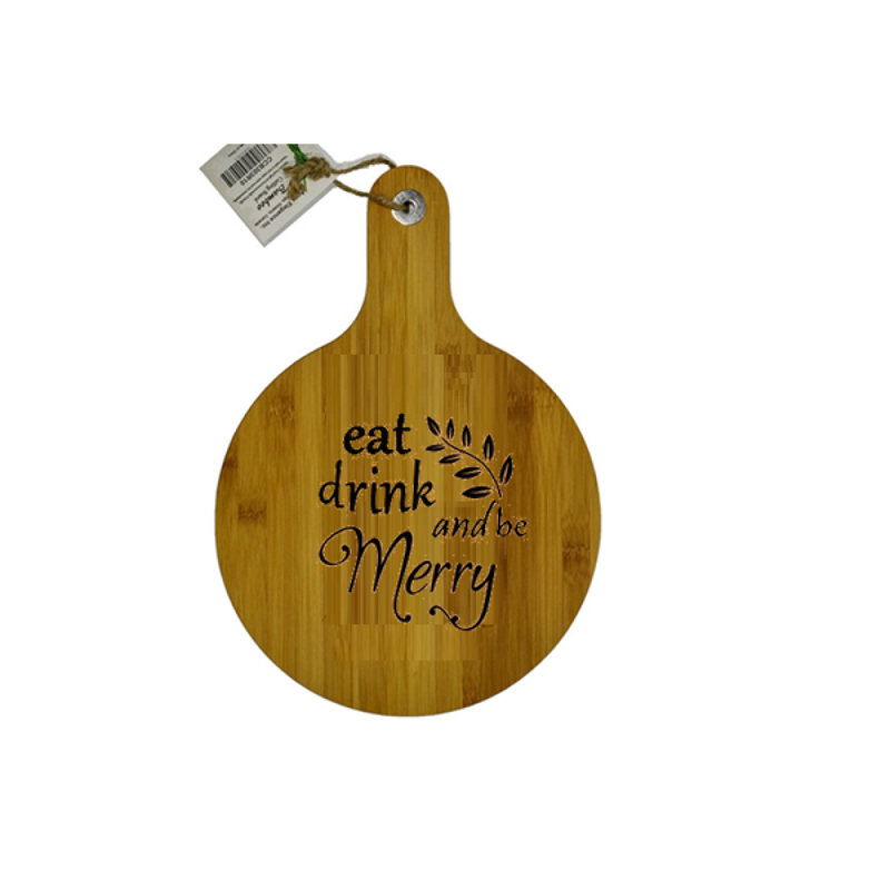 Planche à découper ronde en bambou gravée «Eat Drink And Be Merry»
