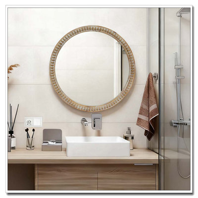 27.5" Distressed Wood Beaded Frame Mirror for Entryway, Living Room, Bathroom, Farmhouse Style Accent Mirror