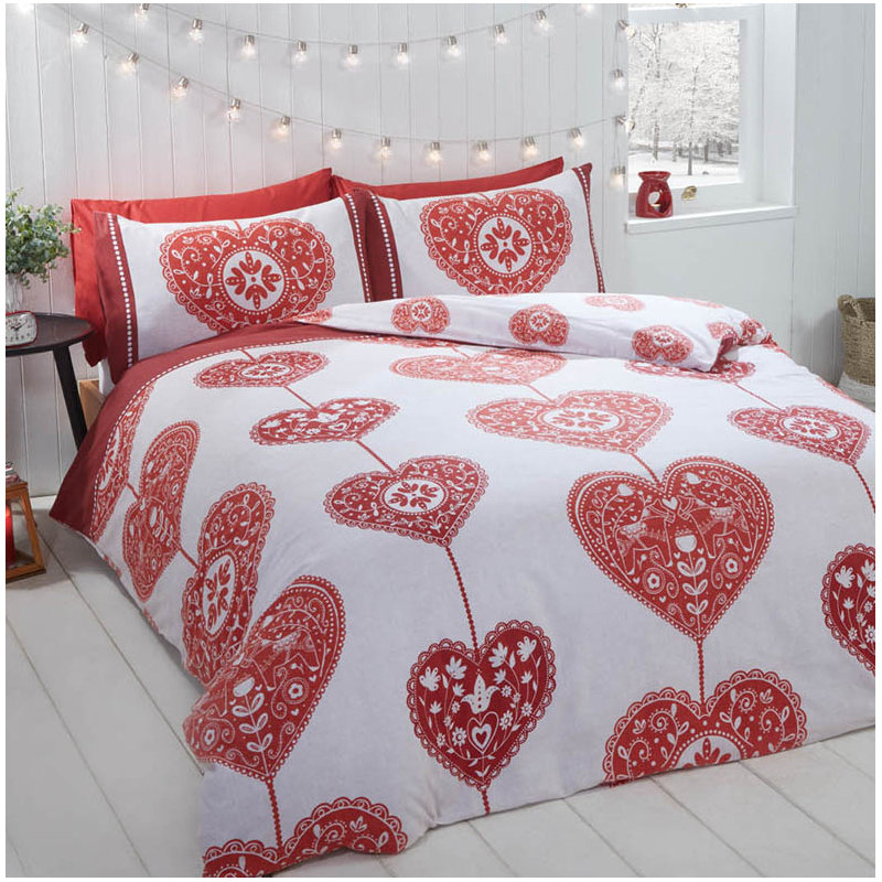 Bianca Festive Hearts Duvet Cover Set, Red, Double - 2 Standard Pillowcases
