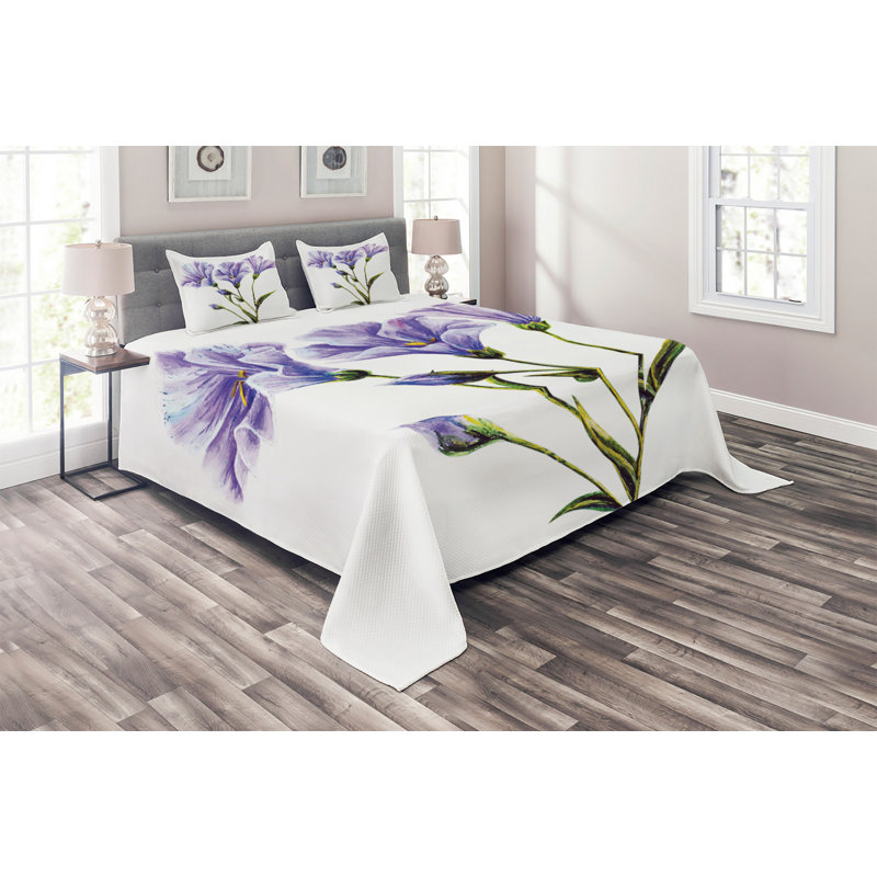 Queen White and Violet Floral Polyester Bedspread Set