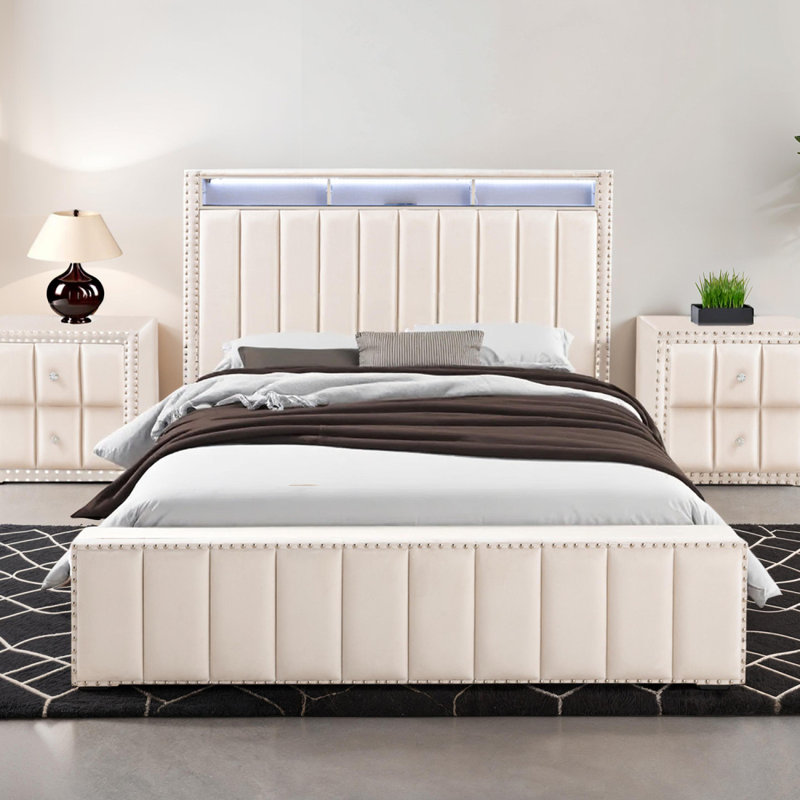 Contemporary Glam Beige Color 1Pc Full Size Bed Storage Shelve LED Channel Tufting Bedroom Furniture Fabric Nailhead, Full 