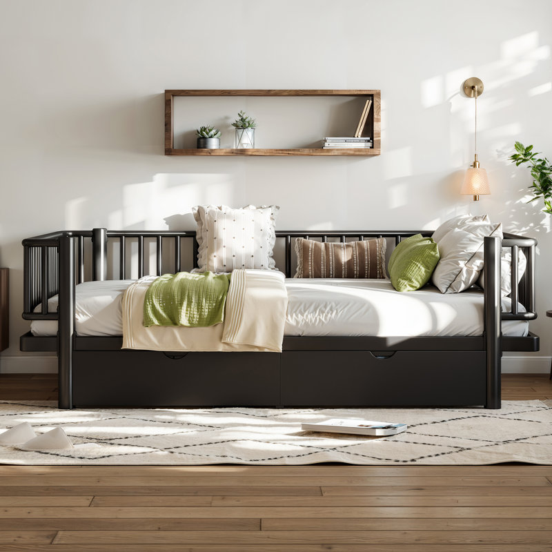 Lit de jour en métal avec tiroirs de rangement, base de lit plateforme pleine grandeur avec garde-corps de sécurité, lit plateforme multifonctionnel peu encombrant pour le salon / la chambre à coucher, aucun sommier nécessaire, noir / blanc