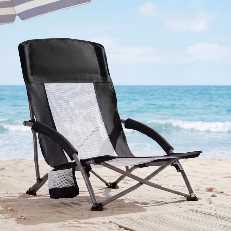 Portable Low Profile Beach Chair, Folding Breathable Camping Chair With Cup Holder, Black