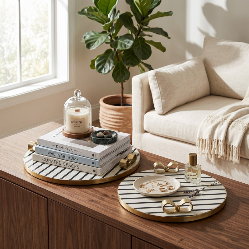 Aldossari Trays And Plates Resin Round Striped Bow Handle Pattern For Home Office Bedroom Living Room Set Of 2 - 3" Cream
