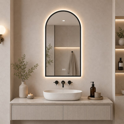 Miroir de salle de bain arqué à DEL avec anti-buée, éclairage 3 couleurs à intensité variable et interrupteur tactile double