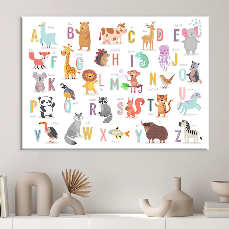 Toile imprimée: animaux de la jungle, alphabet pour enfants, toile blanche encadrée 1P, 59,1 po H x 102,4 po l