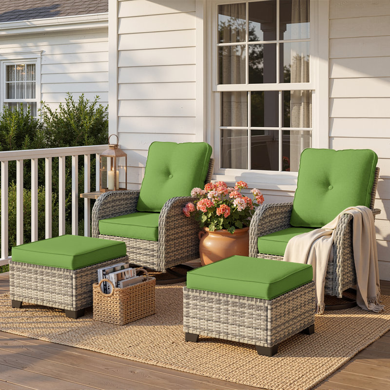 Ensemble de chaises berçantes pivotantes d'extérieur 4 pièces avec coussins et repose-pieds, Vert citron