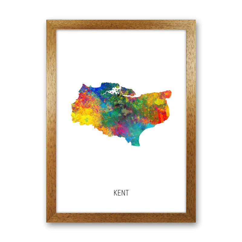 Kent Watercolour Map by Michael Tompsett - Print, 63cm H x 46cm W x 3cm D, Oak Framed