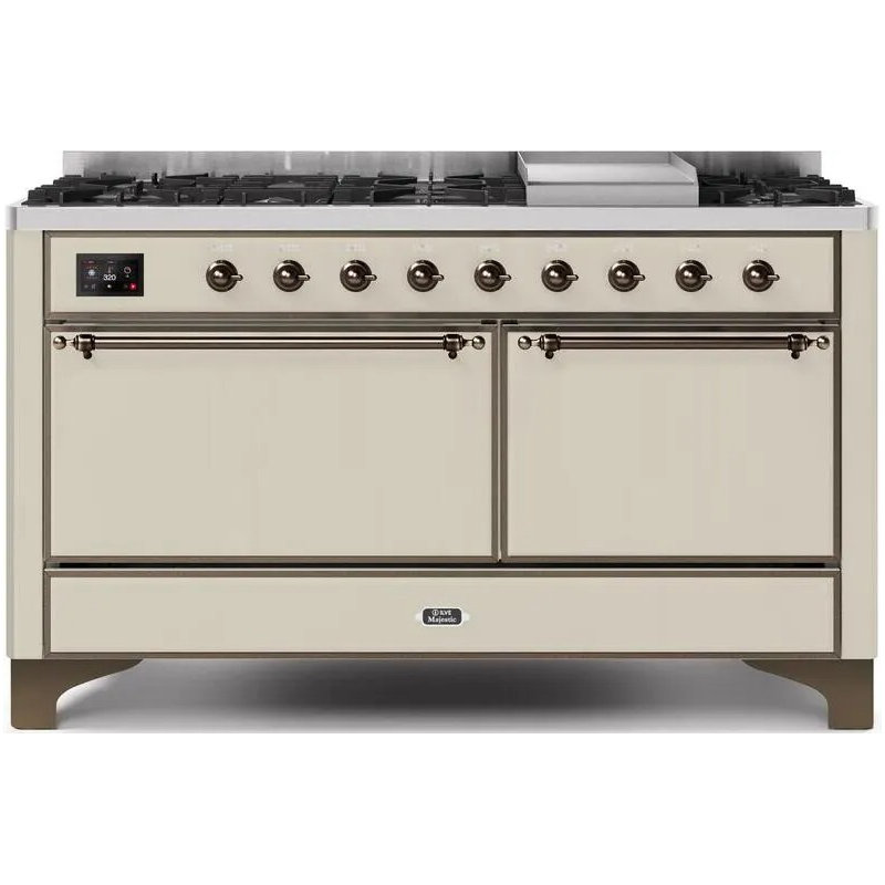 ILVE UM15FDQNS3BKCLP Majestic II 60 inch Dual Fuel Range with 9 Burners, Griddle (Liquid Propane, Solid Door, Glossy Black, Chrome)