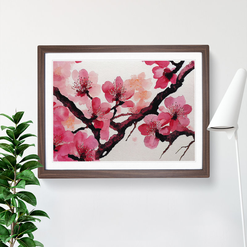 Cherry Blossom Flower Watercolour Vol.2 - Framed Print, 25cm H x 34cm W x 2cm D, Walnut