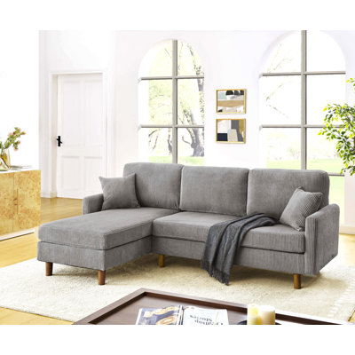 Corduroy Upholstered Sectional With Wooden Legs & Toss Pillows