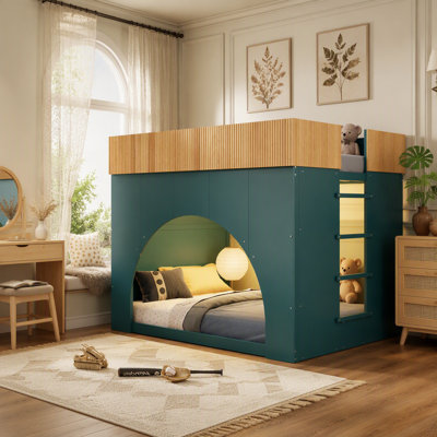 Lit superposé double avec lumière DEL, échelle et conception semi-circulaire, vert et naturel