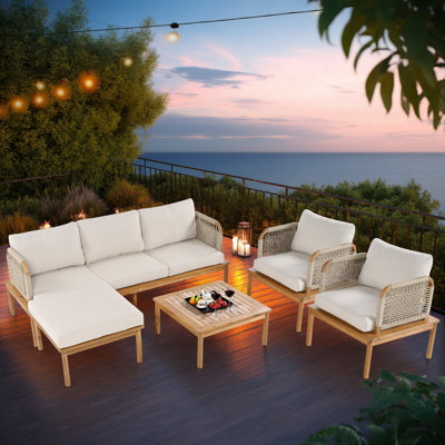 Ensemble de canapé de patio 5 pièces en bois d'acacia avec tissage en corde et coussins imperméables - Ensemble de conversation extérieur pour jardin, près de la piscine, par Christopher Knight Home®