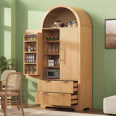 Grand garde-manger arqué avec 2 tiroirs, armoire de rangement cannelée de style Mid-Century, armoire de rangement en bois pour la cuisine, salon
