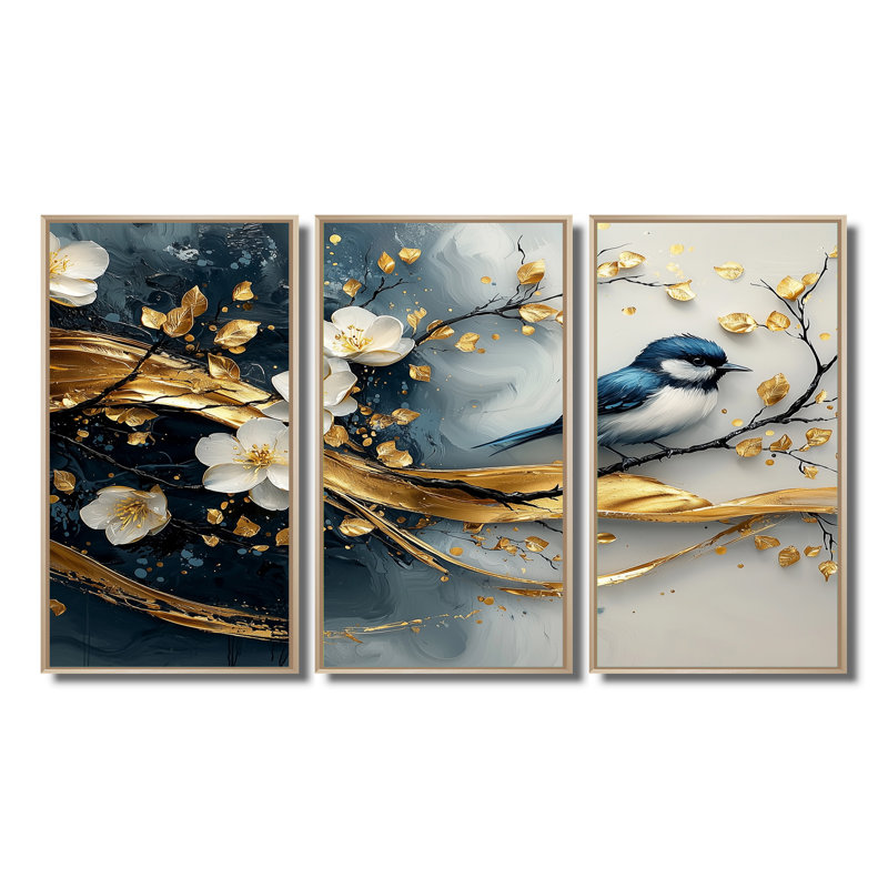 «Blue and Gold Bird on Cherry Blossom Branch», ensemble de reproductions d'art mural cerisier en fleurs, Métal métal