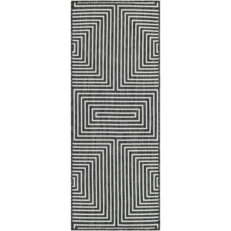 Tapis contemporain noir et blanc Odawa, Tapis de couloir 2 pi x 5 pi 3 po