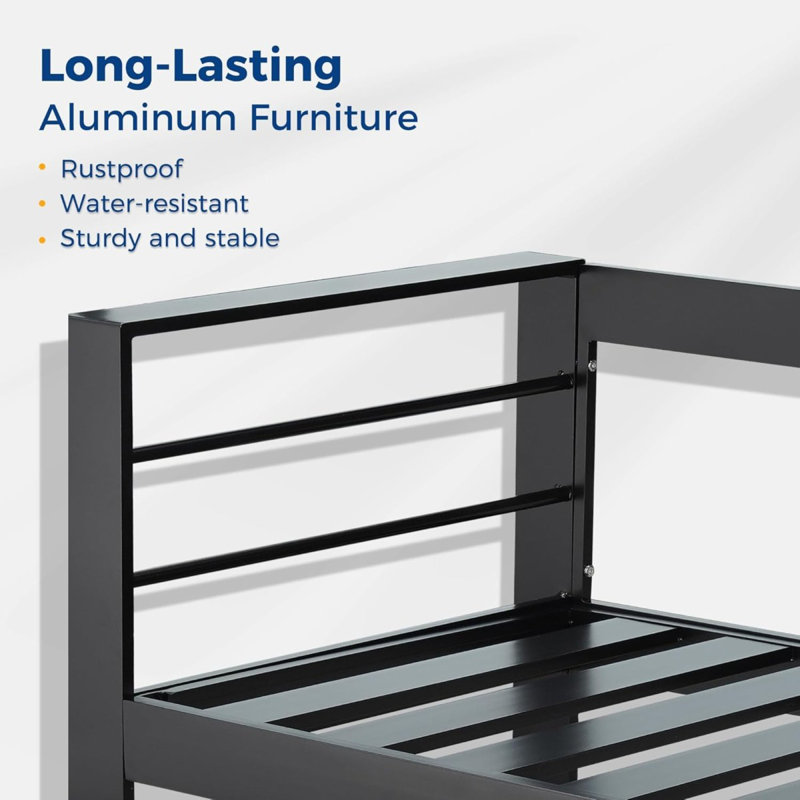 50" All-Weather Aluminum Patio Loveseat With Thick Blue Cushions & Black Frame, Blue, Black