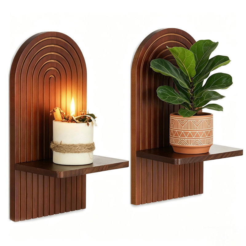 Ensemble de deux bougeoirs muraux en bois naturel Mid Century Boho, Walnut