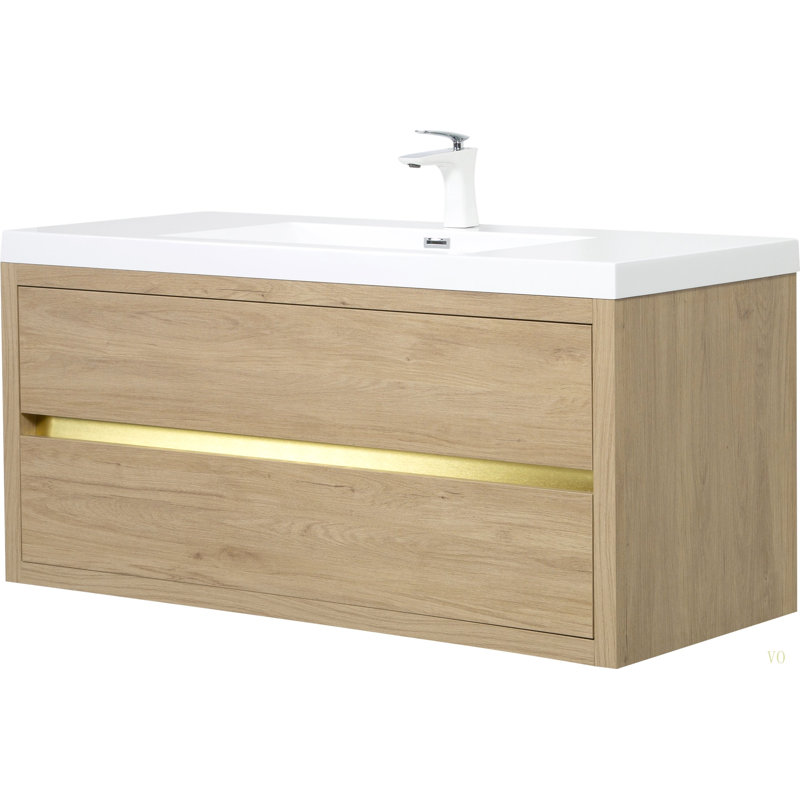 Meuble-lavabo mural 48 po avec lavabo, meuble de rangement flottant pour salle de bain avec comptoir en résine de pierre et tiroirs à fermeture en douceur entièrement assemblés