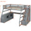 Lit mezzanine double pleine grandeur en gris - 7 tiroirs, 2 tablettes et bureau, qualité supérieure pour un bureau fiable-105918771
