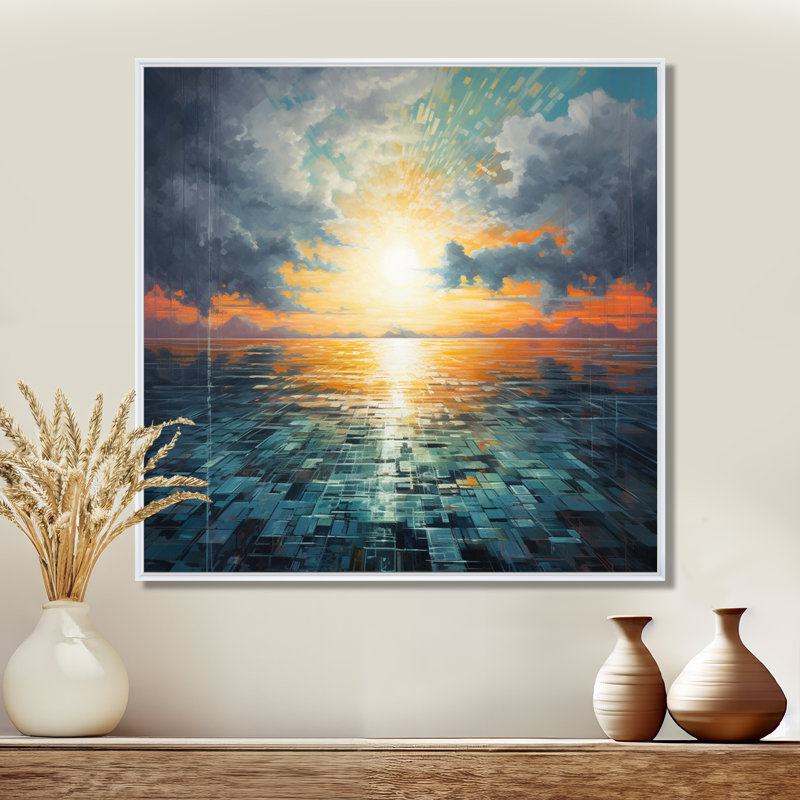 «Turquoise Minimal Lake Majestic Sunset - Sunset», reproduction d'art murale, Toile encadrée flottée blanche