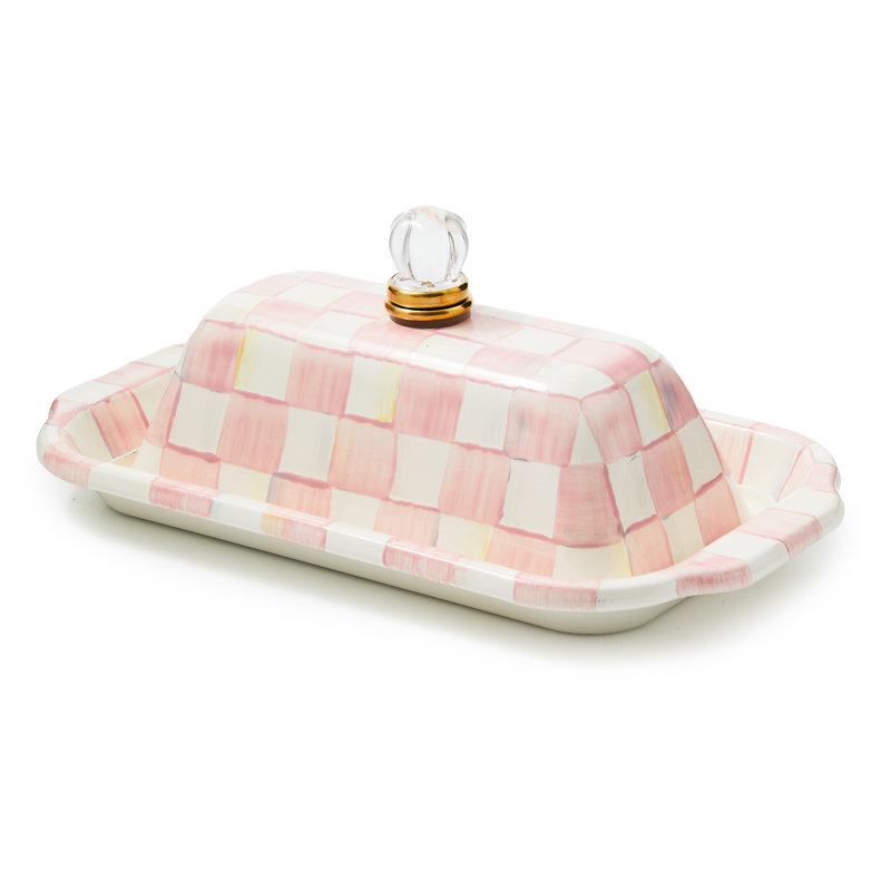 Pink and White Checkered Enamel Rectangular Butter Dish with Lid