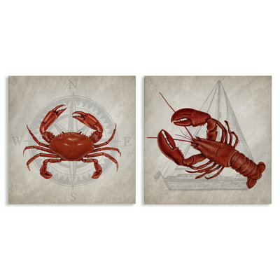 Lobster and Crab Compass 2 Piece Canvas Wall Art Set, design by Kim Allen