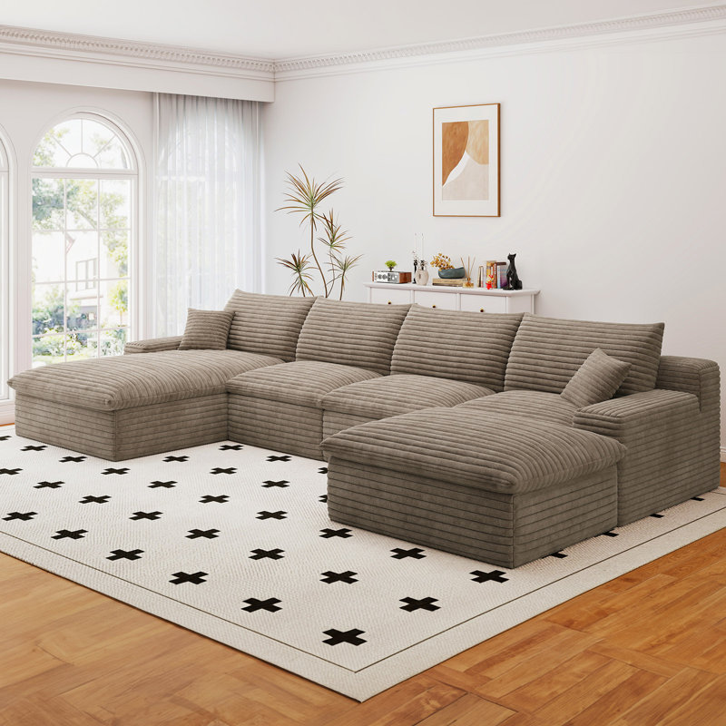 Boneless 136" U Shaped Sectional Couches, Corduroy Sectional Sofa With Reversible Storage Ottoman, 4 Seater Sofa With Throw Pillows Upholstered L-Shaped Couch For Living Room