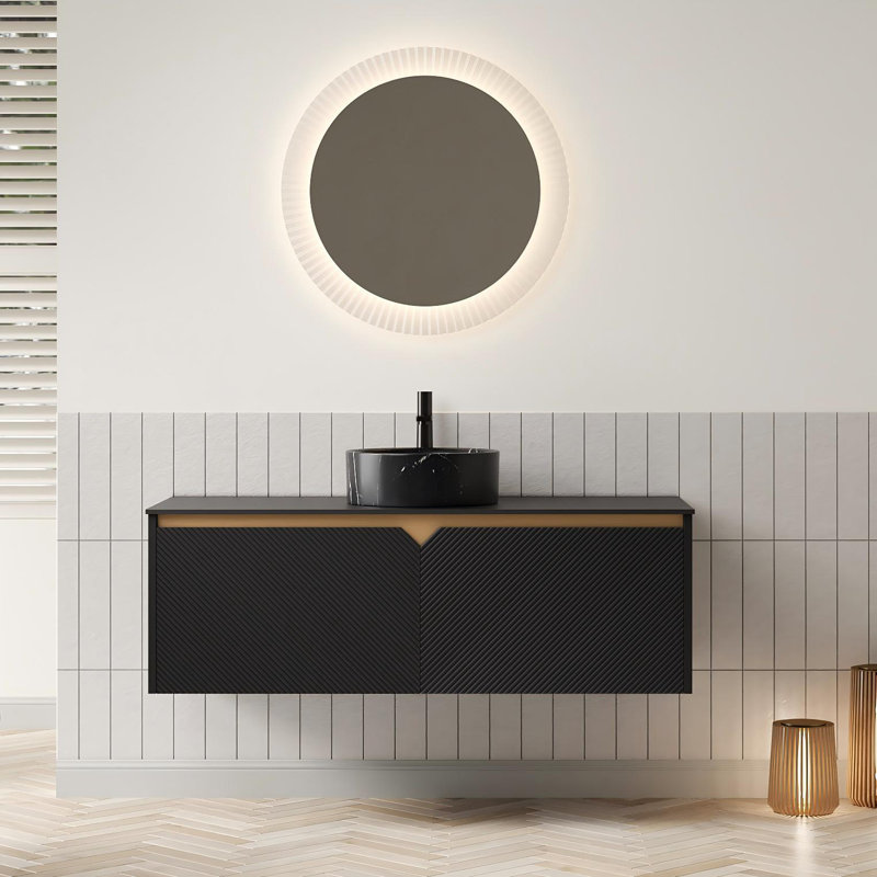 Meuble-lavabo flottant 48 po avec lavabo vasque rond noir, plateau en pierre frittée et portes en sergé - finition noir mat