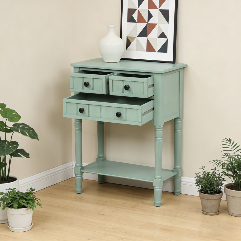 Table basse étroite avec 3 tiroirs - Console de salon avec rangement, Bleu rétro, H 31,1 po x l 23,7 po x P 13 po