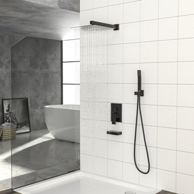 Système de douche avec bec de baignoire - Pommeau de douche carré effet pluie de 30 cm, douchette à main, finition bronze huilé, robinetterie équilibrée, montage mural, effet pluie, finition bronze huilé, robinetterie équilibrée.