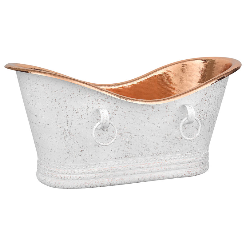 67" Hammered Double Slipper Bathtub With Rings, Glazed White/Polished Copper